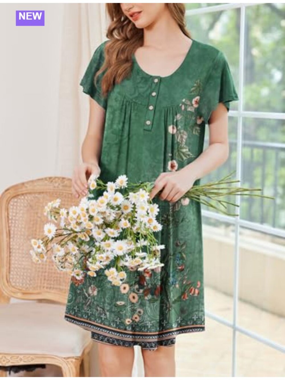 Ekouaer House Dress with Pockets Short Sleeve Moo Moo Nightgown Sleepshirt - Picture 3 of 5